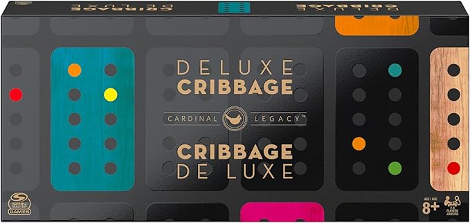 Spin Master Games Legacy Deluxe Cribbage Classic Game with Lined Wooden Case and Colored Metal Movers, Family Game for 2 to 4 Players Ages 8 and up