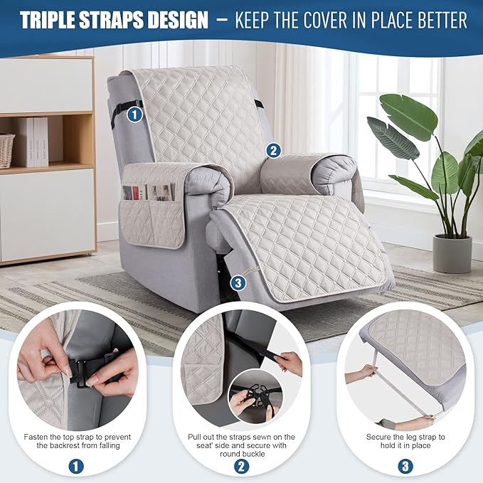 TAOCOCO 100% Waterproof Recliner Covers, Recliner Sofa Covers with Leg Straps, Reversible Recliner Couch Cover for Reclining Chair, Washable Couch Protector for Pets Kids(1 Seater 28", Off Whit)