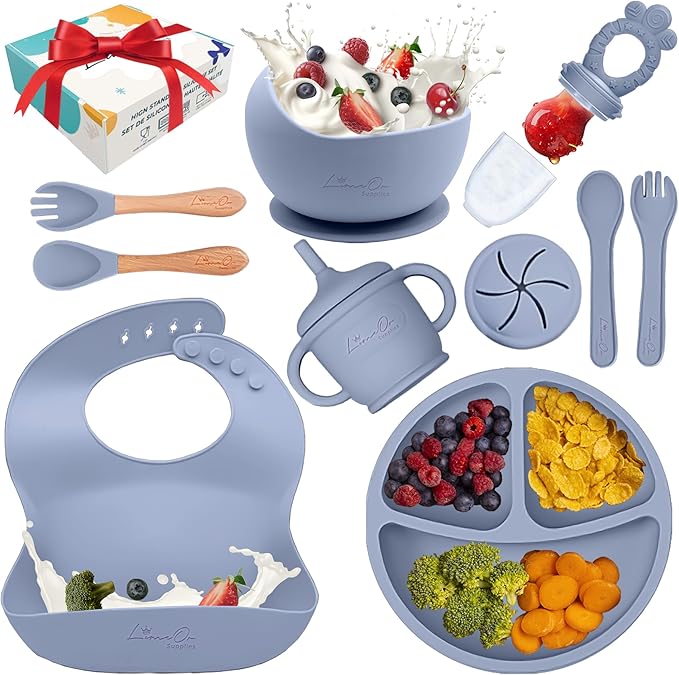 Silicone Baby Feeding Set - BPA-Free - Baby Led Weaning Supplies, Complete Kit toddler eating essentials – Empower Your Little One's Independence with LimOr's baby essentials 6-12 months (Gray)