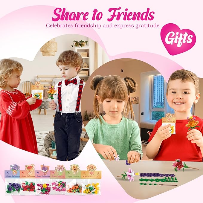 Valentines Day Gifts for Kids - 24 Pack Prepacked Valentine's Day Cards with Flower Building Blocks Crafts for School Classroom Class Party Favor, Valentines Craft Exchange for Boys Girls Teens