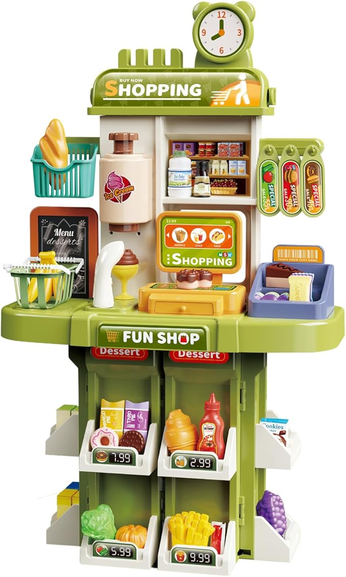 Shopping Supermarket Playset - Kids Grocery Store Pretend Play Toy for Ages 3-8 Girls Boys Unisex Children, Toy Cash Register with Scanner - Role-Playing Toys Fun (Shopping Green)