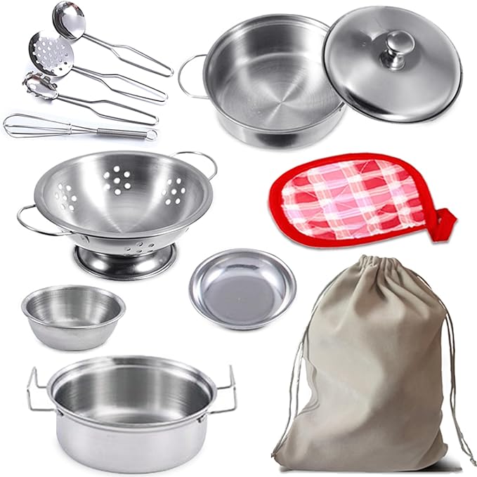 Rupnoflbui Kids Pretend Play Kitchen Toys,Mini Cooking Toys Set Play Kitchen Accessories with Stainless Steel Pots and Pans Set,Pretend Play Food Cooking Utensils Cookware for Girls Boys.11Pcs