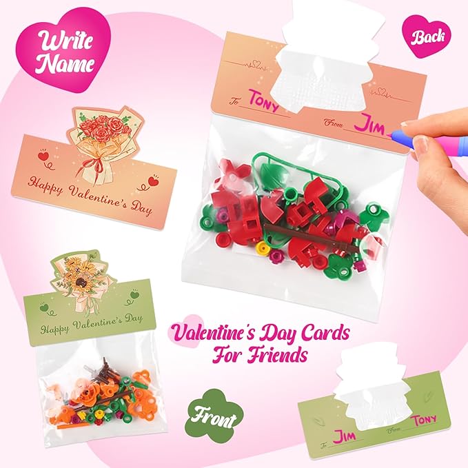 Valentines Day Gifts for Kids - 24 Pack Prepacked Valentine's Day Cards with Flower Building Blocks Crafts for School Classroom Class Party Favor, Valentines Craft Exchange for Boys Girls Teens
