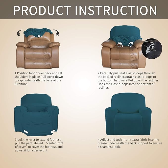 Easy-Going Oversized Recliner Stretch Sofa Slipcover Sofa Cover 1 Piece Furniture Protector Couch Soft with Elastic Bottom Kids,Polyester Spandex Jacquard Small Checks(Oversize Recliner,Peacock Blue)