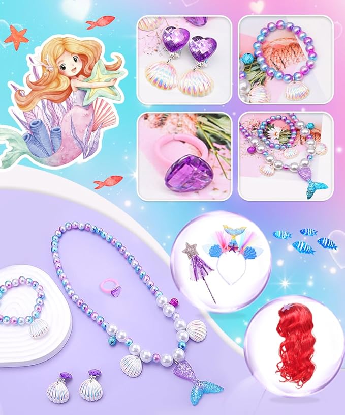 Mermaid Costume Dress, Mermaid Princess Dress for Girls with Wig Headband Necklace for Birthday Party Cosplay