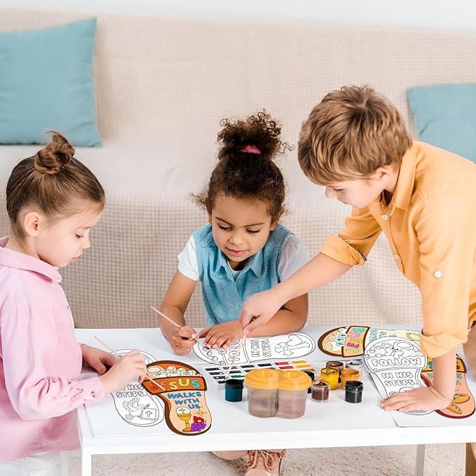 Dvbonike 24Pcs Sunday School Crafts for Kids Color Your Own Jesus Walks with Us Craft Kit Christian Religious Footprint Coloring Card DIY Drawing Party Gifts VBS Home Classroom Art Activity Supplies