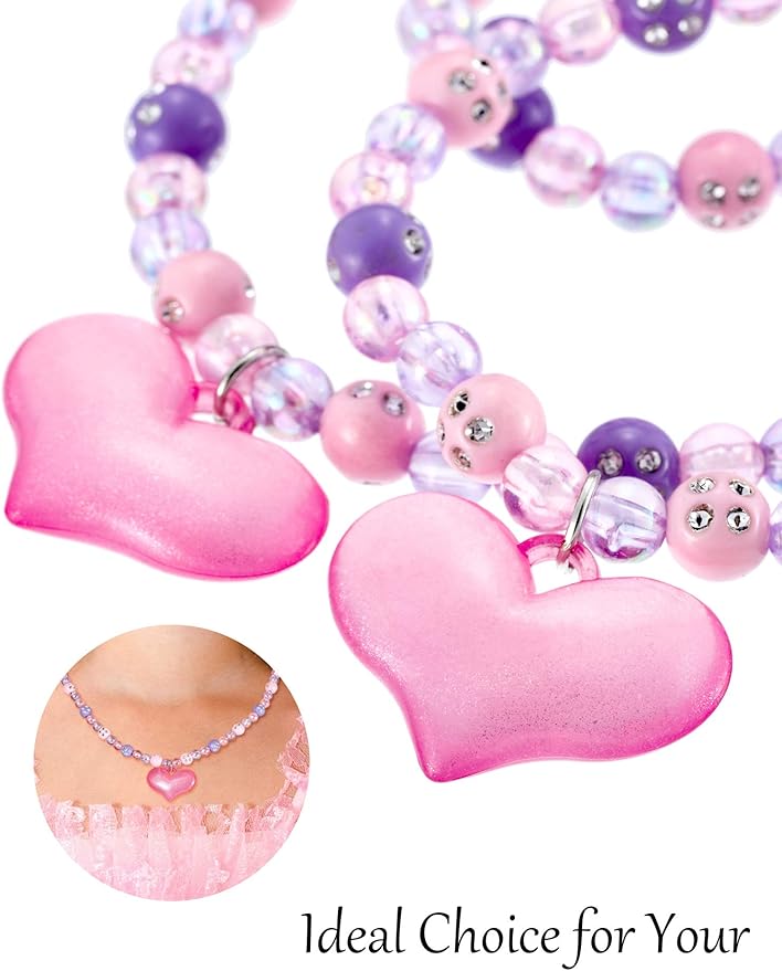 Zhanmai 2 Pcs Girl Princess Necklace Bracelet Set Lovely Princess Heart Shape Beads Necklace Stretchy Jewelry Set Girls Costume Jewelry Gift Party Favors for Dress up