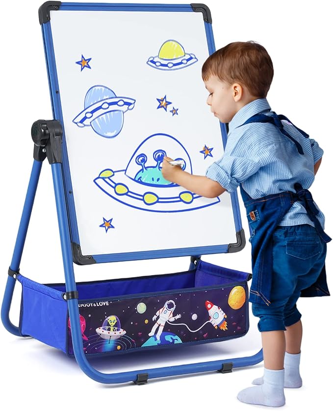Kids Art Easel with 29.5inch-44inch Height Adjustable Whiteboard&Chalkboard Double Sided Easel 360°Rotating Standing Art Easel for Kids Blue
