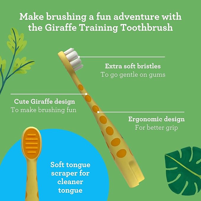 GuruNanda Kids Butter On Gums Cute Giraffe Toothbrush with Tongue Scraper & Cover - Super Soft Bristles for Gentle Cleaning -Ergonomic Handle (Age 1+)