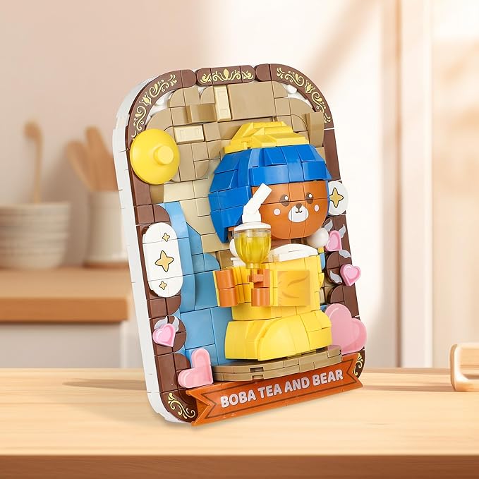 Cute 3D Painting Anime Toy Building Sets,Model Building Kits for Kids Adults,Boba Tea and Bear Building Blocks Sets ,Famous Art Sets for Women,Birthday Gifts for Kids(393+ Pieces Bricks)