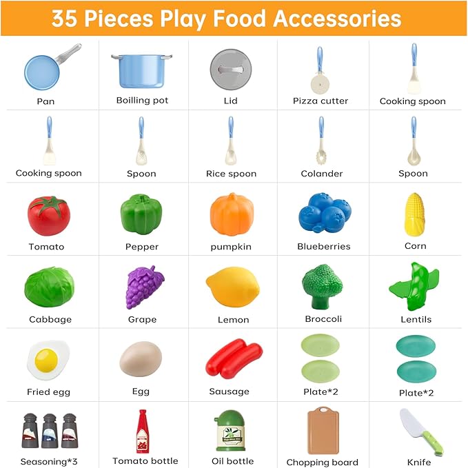 35Pcs Kids Kitchen Toy Accessories, Toddler Pretend Cooking Playset with Play Pots and Pans, Utensils Cookware Toys, Play Food Set, Toy Vegetables, Learning Gift for Girls Boys (Blue)