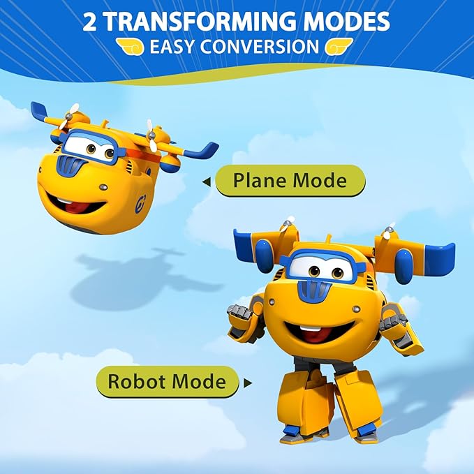 Super Wings - 5' Transforming Donnie Airplane Toys Vehicle Action Figure Plane to Robot,Suitable 3 4 5 year old Kids Fun Flying Toy Plane for Preschool Play and Birthday Gifts,Yellow