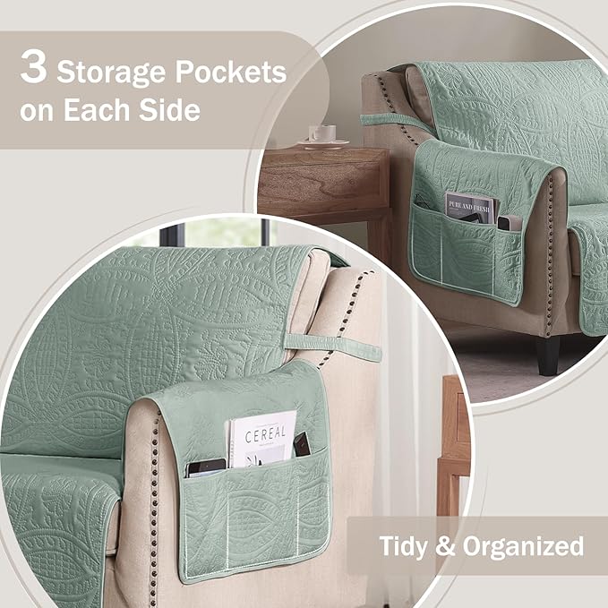 Sage Green Quilted Sofa Cover, Anti-Slip Medallion Designed Couch Covers for 3 Cushion Couch, Sofa Slipcovers for Dogs Cats Water-Repellent, Machine Washable (Large Sofa 68", Sage Green)
