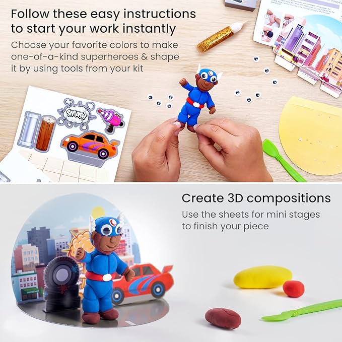 Arteza Kids Air Dry Clay, 42 Bars, Superhero Stage Modeling Clay Kit, 14 Mini-Stages, 14 Googly Eyes, 3 Glitter Glues, 1 Craft Tool, 7 Instruction Sheets, Craft Supplies for Learning and Developing