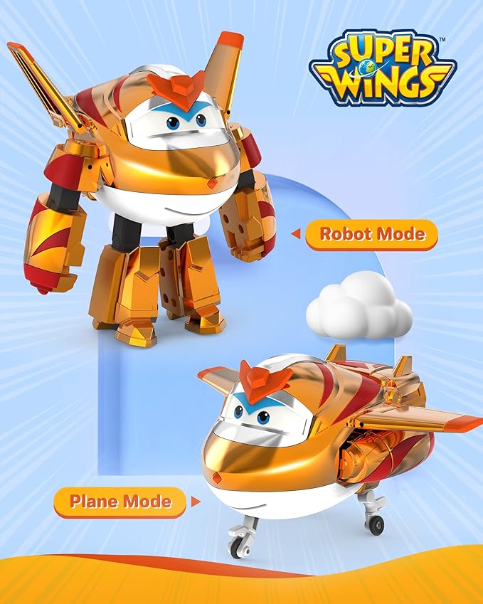 Super Wings 5" Transforming Golden Boy Airplane Toys, Vehicle Action Figure, Superwings Transforming Plane to Robot, Flying Toy Vehicle Playset, Gifts Toys for Kids, Age 3 and Up, Gold
