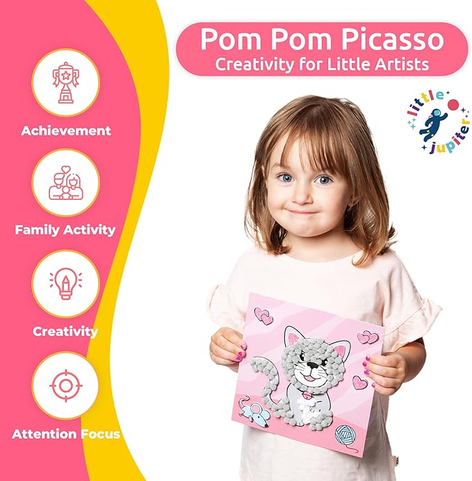 Little Jupiter DIY Pom Pom Art - Makes 3 Art Pieces -Boy & Girl Crafts for Kids Age 3-5 - Toddler Crafts Ages 3-5 - Pom Pom Arts and Crafts - Art Projects for Kids 3-5 - (Set 2-Unicorn, Rainbow, Cat)