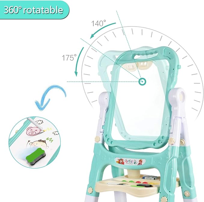 Easel for Kids,Rotatable Double Sided Easel for Kids Adjustable Standing Art Easel with Painting Accessories for Toddlers Boys and Girls-Green