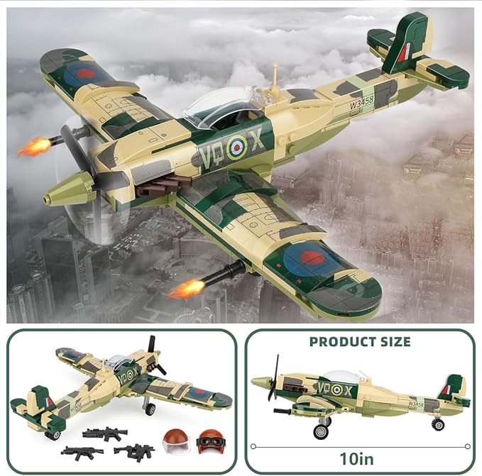 TOY PLAYER Spitfire Fighter Plane Jet Building Set - Compatible with Lego Plane, Military Airplanes Model, Gift for Boys Age 6 7 8 9 10 11 12 and WW2 Military SetCollectors & Enthusiasts