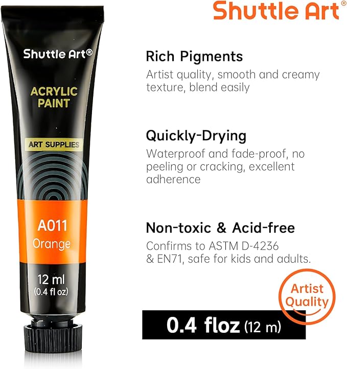 Shuttle Art Acrylic Paint Set, 15 x 12ml Tubes Artist Quality Non Toxic Rich Pigments Colors Perfect for Kids Adults Beginners Artists Painting on Canvas Wood Clay Fabric Ceramic Crafts