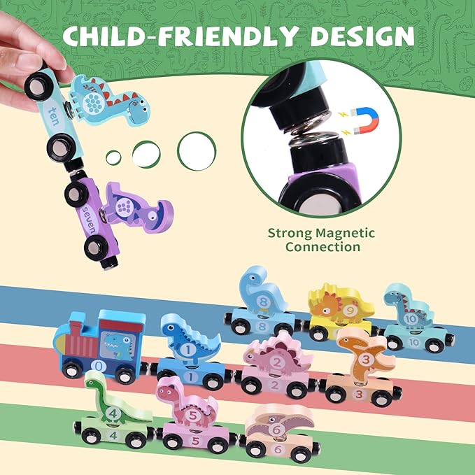 Wooden Train Set Dinosaur Toys for Kids 3-5, Magnetic Dinosaur Train Number Matching Color Sorting Sensory Toys for Toddlers, Montessori Toys for 3 4 5 Year Old Baby Girls Boys Birthday Gifts
