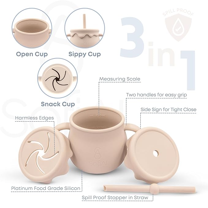 All In One Silicone Baby Feeding Set By SofiAl - Safe for 6-12 Months - Non-Toxic Baby Led Weaning Supplies - Toddler Self Feeding Utensils - BPA-Free - Mess Free Baby Feeding Essentials