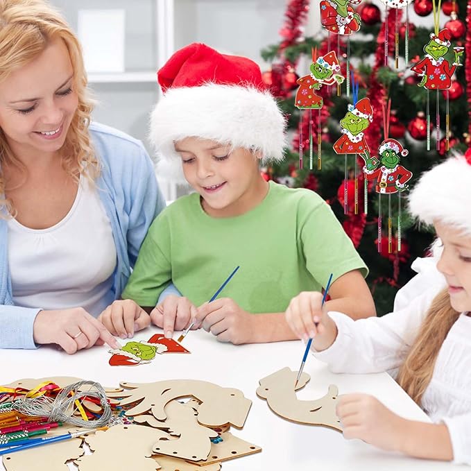 9 Pack Wind Chime Kit for Kids,Christmas Craft Kits DIY Grinch Wind Chime Unfinished Wooden Grinch Ornaments for Boys Girls Activity Art Project Christmas Tree Decoration