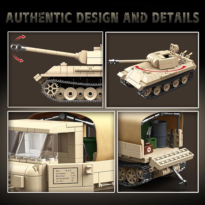 WW2 Panther Medium Tank & RSO Tractor Vehicle Building Blocks, Compatible with Lego Military Set, Great Army Gift for Kids and Teens Over 8 Years Old (1078 Pieces)