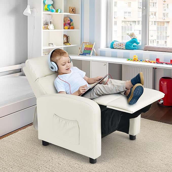 Costzon Kids Recliner, Adjustable PU Leather Lounge Chair w/Side Pockets, Footrest, Headrest for Kids Room & Play Room, Easy to Clean, Padded Recliner Sofa for Children Boys Girls Aged 3-12 (Beige)