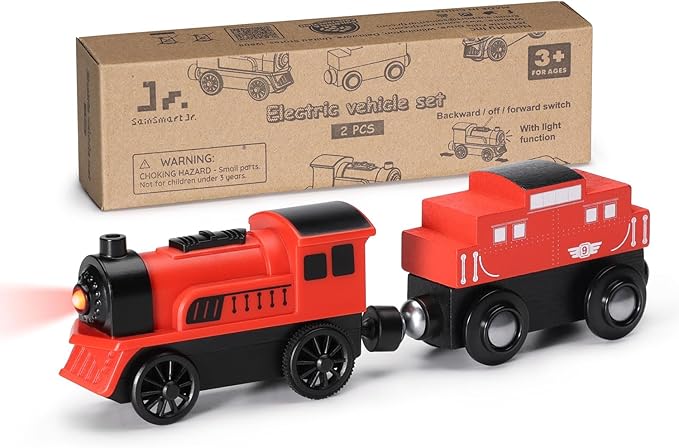 SainSmart Jr. Wooden Train Set Accessories, 2 PCS Motorized Train for Toddlers with Magnetic Connection, Battery Operated Train Compatible with All Major Brands, Gift for Kids Aged 3+