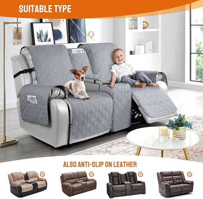 VANSOFY Loveseat Recliner Cover with Console 100% Waterproof Sofa Slipcovers Non-Slip Reclining Couch Cover Split Sofa Covers Furniture Protector for Pets, Dogs(Light Gray)