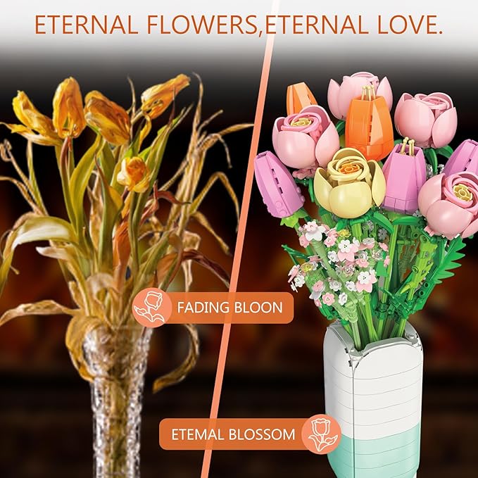Flowers Bouquet Building Set - Christmas, Mother's Day, Valentine's, or Birthday Gift Ideal for Adult, Women, Girls and Boys, Compatible with Lego Flower, Tulips Toy Building Block with Vase(1011 PCS)