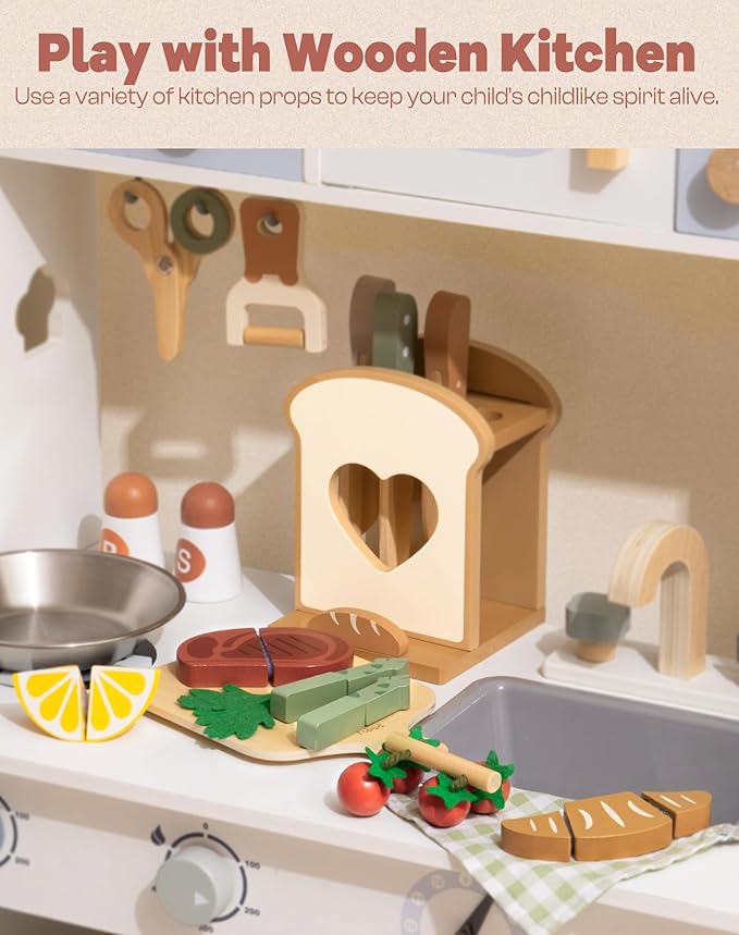 ROBUD 16pcs Kids Play Kitchen Knife Set - Wooden Cooking Playset, Montessori-Inspired Pretend Kitchen Toys for Toddlers, Role Play Gift for Boys and Girls