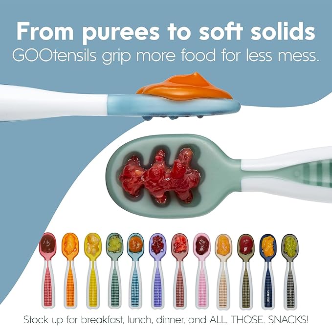 NumNum Baby Spoons Set, Pre-Spoon GOOtensils for Kids Aged 6+ Months - First Stage, Baby Led Weaning (BLW) Spoon - Self Feeding, Silicone Toddler Food Utensils - 2 Spoons, Blue/Orange