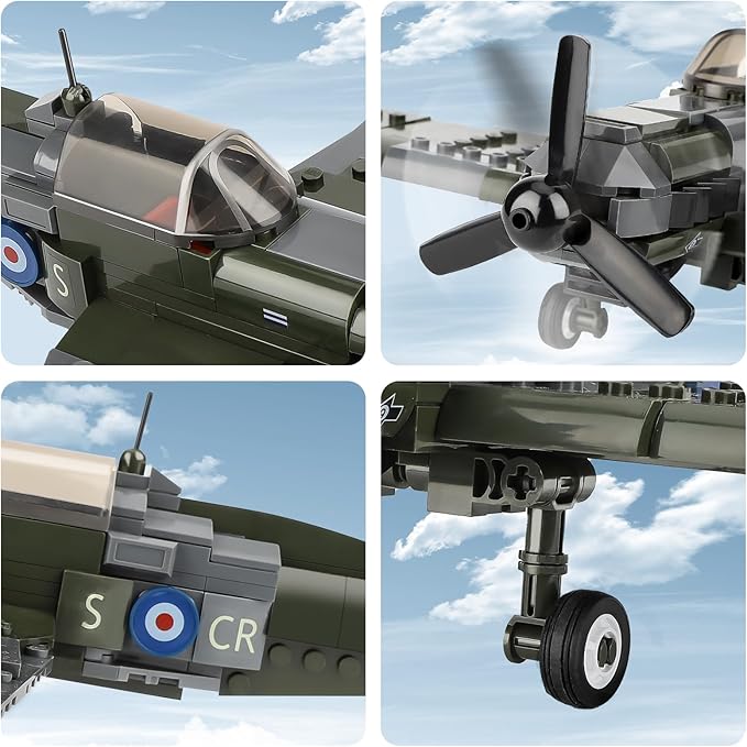 TOY PLAYER Spitfire Fighter Military WW2 Plane Building Set - with Sliding Features, Compatible with Lego Plane, Rotating Propellers, and an Open Cockpit Door