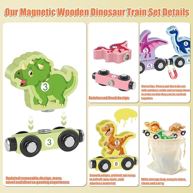Wooden Train Set for Toddlers 3-5 Boys Girls Kid Birthday Gift 11PCS Magnetic Dinosaur Number Train Toy Educational Game 4-8 Year Old Children Holiday