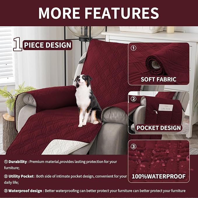 Easehomey 100% Waterproof Recliner Chair Covers, Non Slip Oversized Reclining Cover, Cover Furniture Protector Washable Chair Cover with Pocket,Elastic Straps for Kids,Pets,Dogs(Wine Red,28")