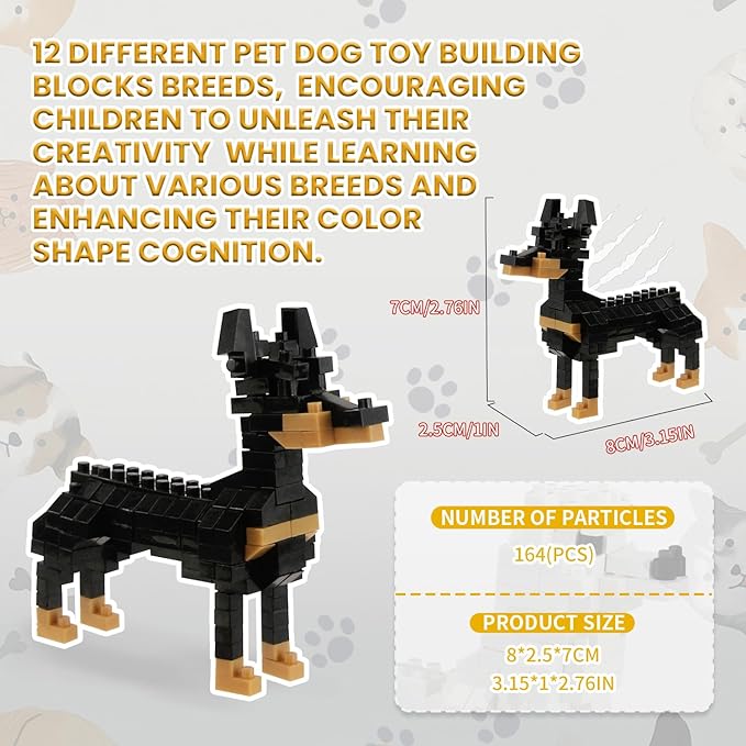 BOROLA Pet Dog Building Blocks Set Educational Toy Realistic Fun Animal Assembly Kit Toys Games(Doberman Pinscher Blocks)