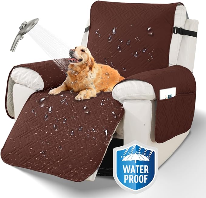 XINEAGE 100% Waterproof Recliner Cover, Non Slip Recliner Chair Cover with Elastic Band, Washable Recliner Slipcover with Storage Pockets for Kids, Pets (Coffee, 28")