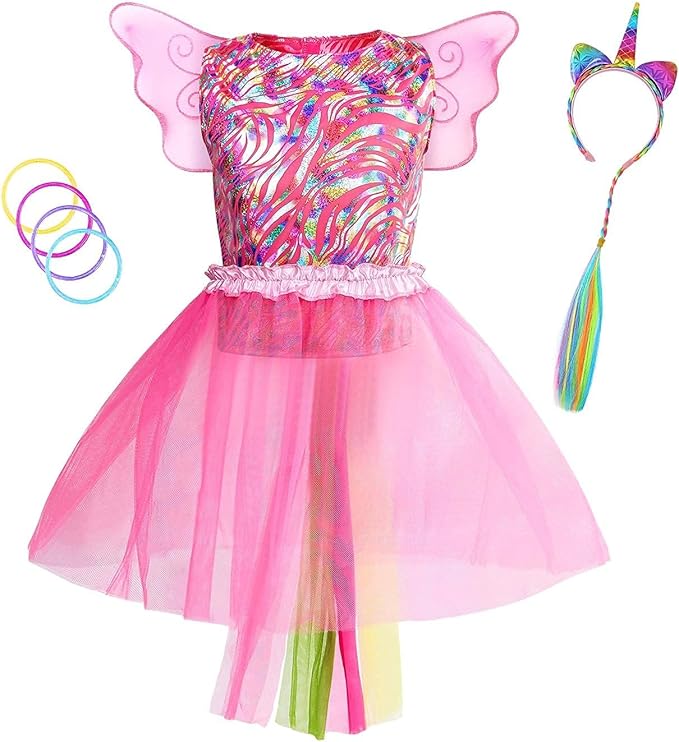 Jeowoqao Girls Princess Dress up Trunk Set 19 Pcs, Girls Rainbow Costume Set, Toddler Girls Dress up Clothes Pretend Play Costumes Set for Little Girl Ages 3 4 5 6