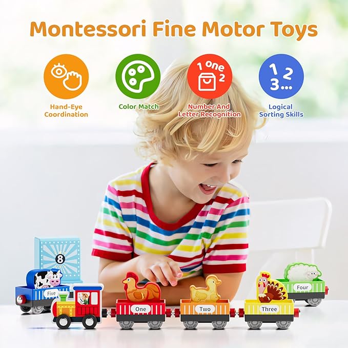 Wooden Animal Toy Train Set,Toddlers Toys for 1-3,Montessori Toys for Toddlers，Magnetic Train Toys,Preschool Educational Learning Toy,Sensory Toys for Kids,Ideal Gifts Boys, Girls