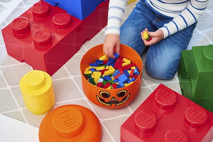 Room Copenhagen, LEGO Storage Heads Stackable Storage Container - Buildable Organizational Bins for Kid’s Toys and Accessories - 6.30 x 6.30 x 7.28in - Small, Pumpkin, Holds 250 Bricks