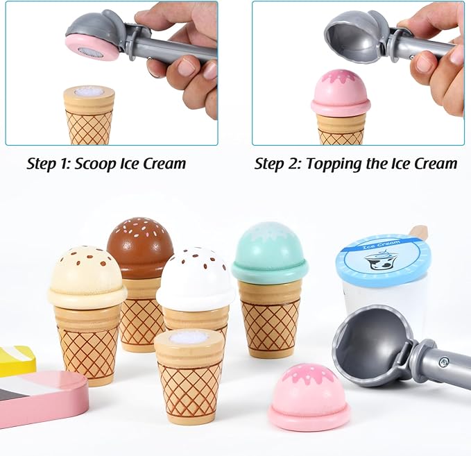 WHOHOLL Wooden Ice Cream Counter Playset for Toddler Girl Toys, Play Store Pretend Toy Food Play Kitchen Accessories with Fake Money & Coin, Gifts for 3-8 Year Old Kids