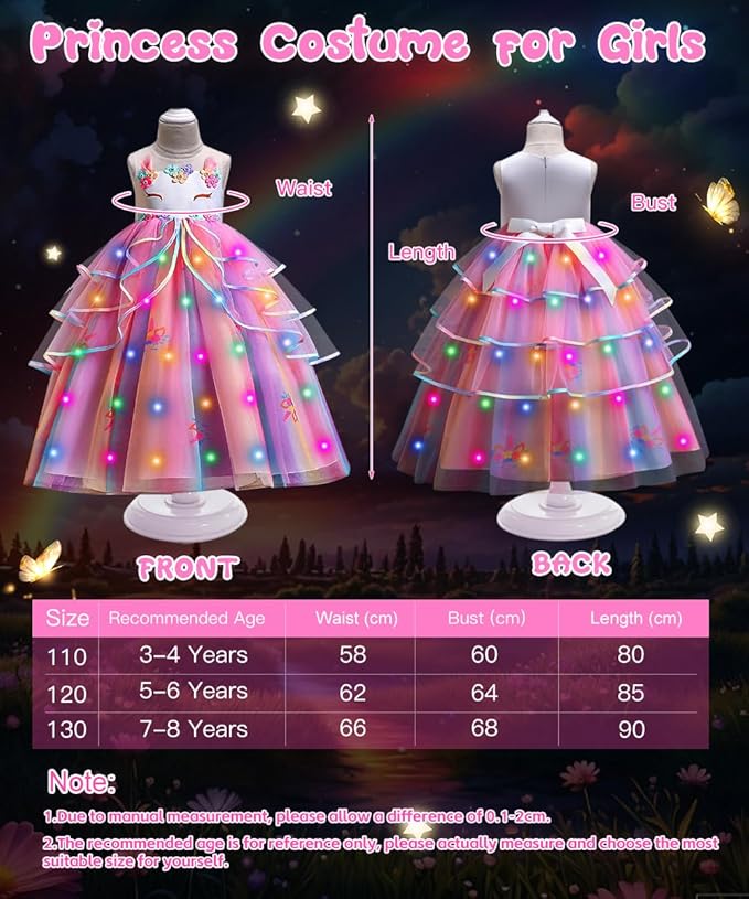 TOLOYE Princess Dresses for Girls, Light Up Mermaid Unicorn Costume Dress with Accessories for Halloween Carnival Cosplay