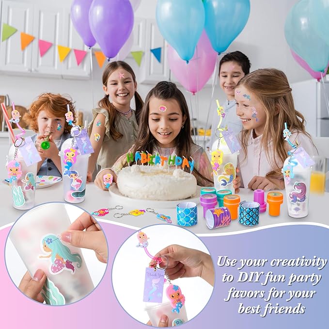 Qilery 267 Pcs Mermaid Party Unicorn Party Dinosaur Party Shark Party Favors Includes Plastic Cup with Lid Straw Keychain Bracelet Ring Stamper Stickers Tag For Party Favors Piñata Filling (Mermaid)