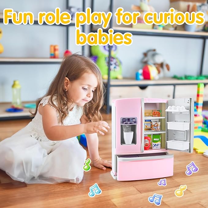 PLAY Kids Kitchen Refrigerator with Ice Dispenser, Pretend Play Fridge Kitchen Set for Toddlers, Toy Kitchen Appliance Accessories for Girl Boy Christmas Birthday Gift Age 1-3 4-8, Pink