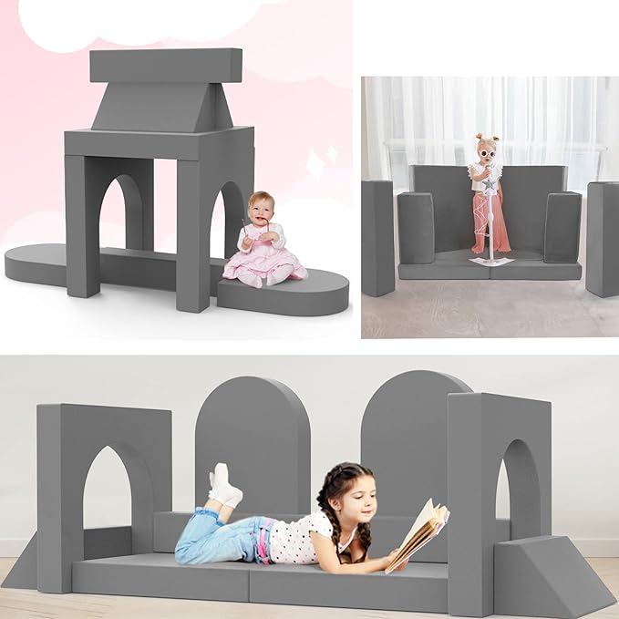 MeMoreCool 10-Pieces Kids Play Couch, Toddler Couch for Playroom, Grey