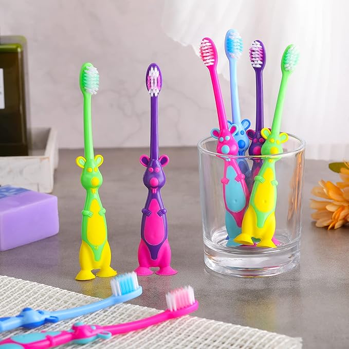 Gerrii 100 Pcs Kids Toothbrushes Bulk Soft Lovely Little Kangaroo with Covers Suction Cup Individually Wrapped for Children Toddler Home School Camp Daycare Travel