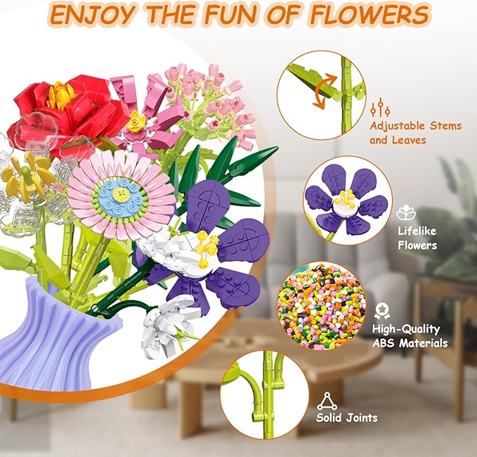 Flowers Bouquet Building Set with Vase, 8 Artificial Flowers Bouquet Set for Adults, Kids, Boys, Girls, Idea Gifts for Mother's Day, Birthdays, Creative DIY Plant Bouquet Decoration Botanical, 730PCS