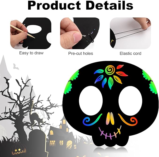 48pcs Halloween Scratch Mask, Skull Magic Scratch Paper Art Masks Set Funny Paper Art Craft Kit Halloween Party Favor Supplies for Kids