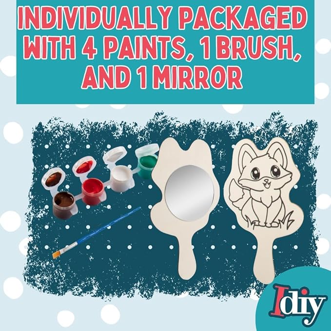 Paint Your Own Mirror Kids Party Craft Kits(12 Forest Friends Wood Mirrors w Paints)-Each Kit Has its Own Brush, Paint, & Project-Fun, Unique Birthday Favors, Valentines Classroom School Activity Gift